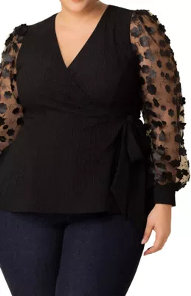 Women's Plus Scattered Petals Long Sleeve Wrap Top