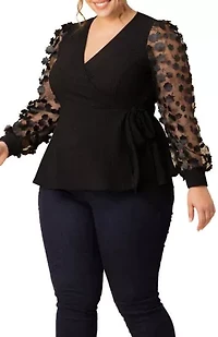 Women's Plus Scattered Petals Long Sleeve Wrap Top