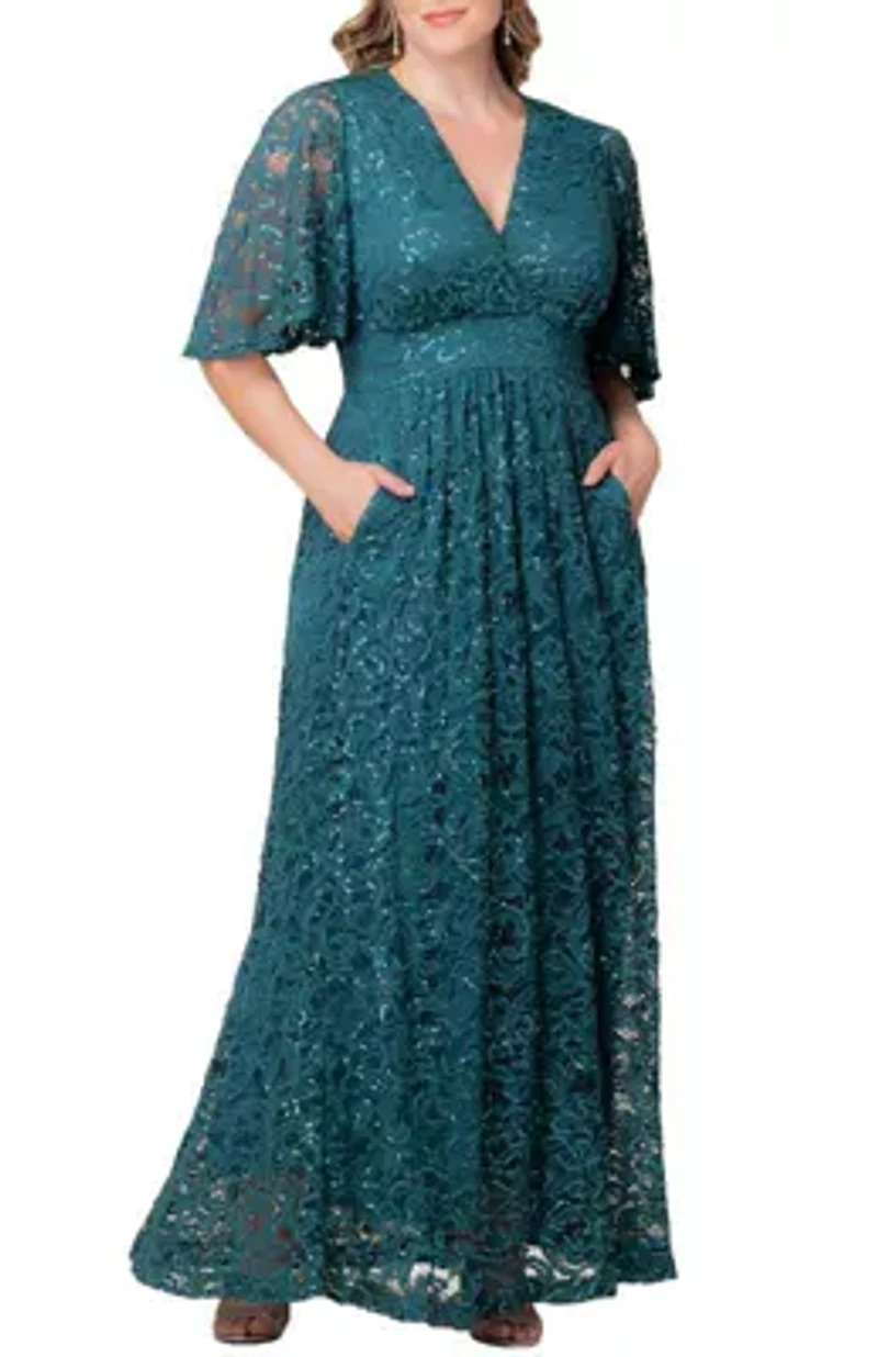 Women's Plus Luminous Sequin Lace Evening Gown with Pockets