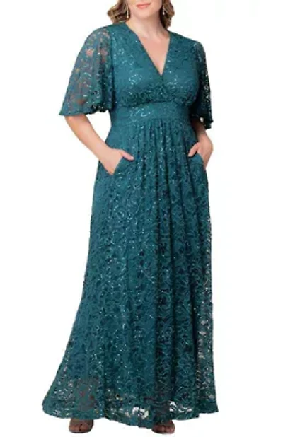 Women's Plus Luminous Sequin Lace Evening Gown with Pockets