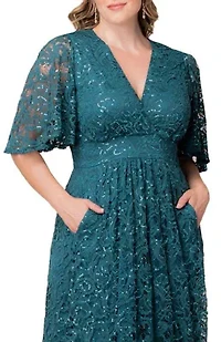 Women's Plus Luminous Sequin Lace Evening Gown with Pockets