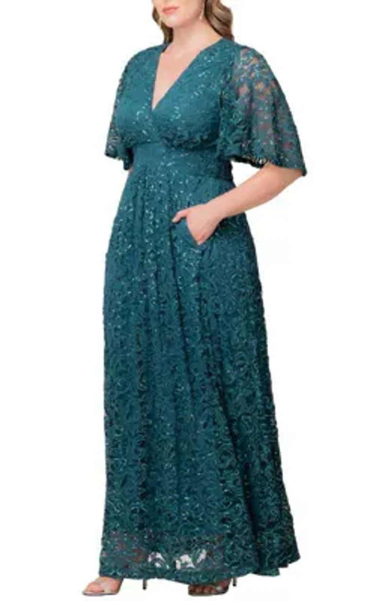 Women's Plus Luminous Sequin Lace Evening Gown with Pockets