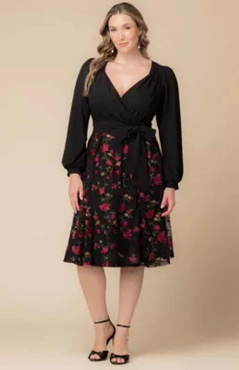 Women's Plus Chelsea Long Sleeve Embroidered Cocktail Dress
