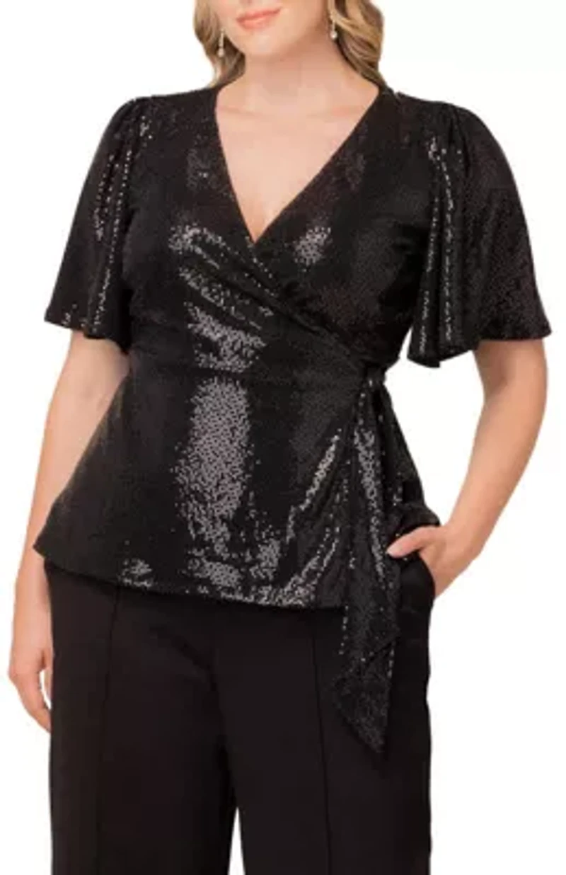 Women's Plus Shimmering Sequin Wrap Top