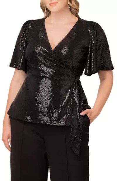 Women's Plus Shimmering Sequin Wrap Top