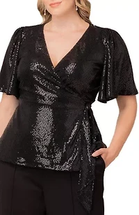 Women's Plus Shimmering Sequin Wrap Top