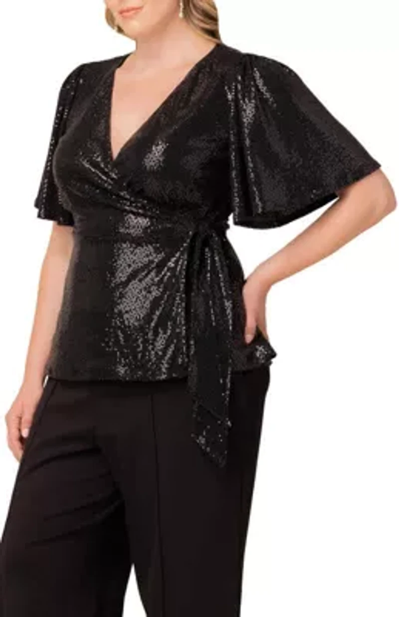 Women's Plus Shimmering Sequin Wrap Top