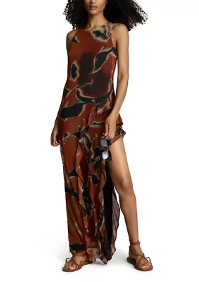 Women's Sleeveless Side Floral Ruffle Mesh Dress