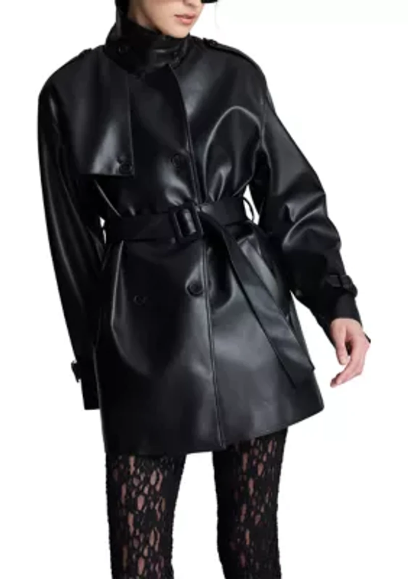 Women's Double Breasted Vegan Leather Trench Coat