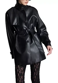 Women's Double Breasted Vegan Leather Trench Coat