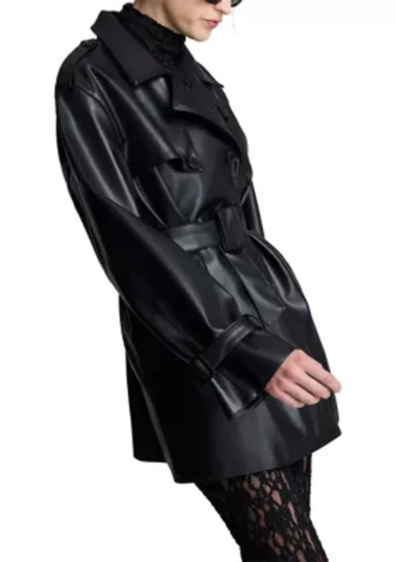 Women's Double Breasted Vegan Leather Trench Coat