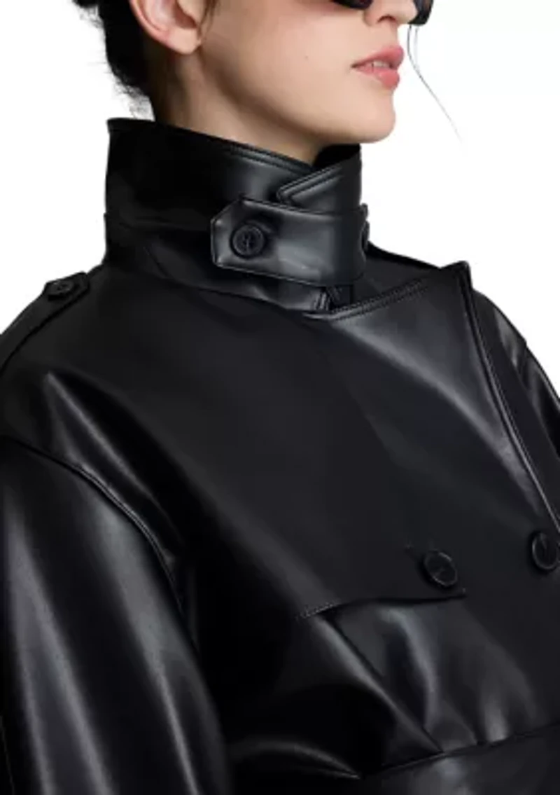 Women's Double Breasted Vegan Leather Trench Coat