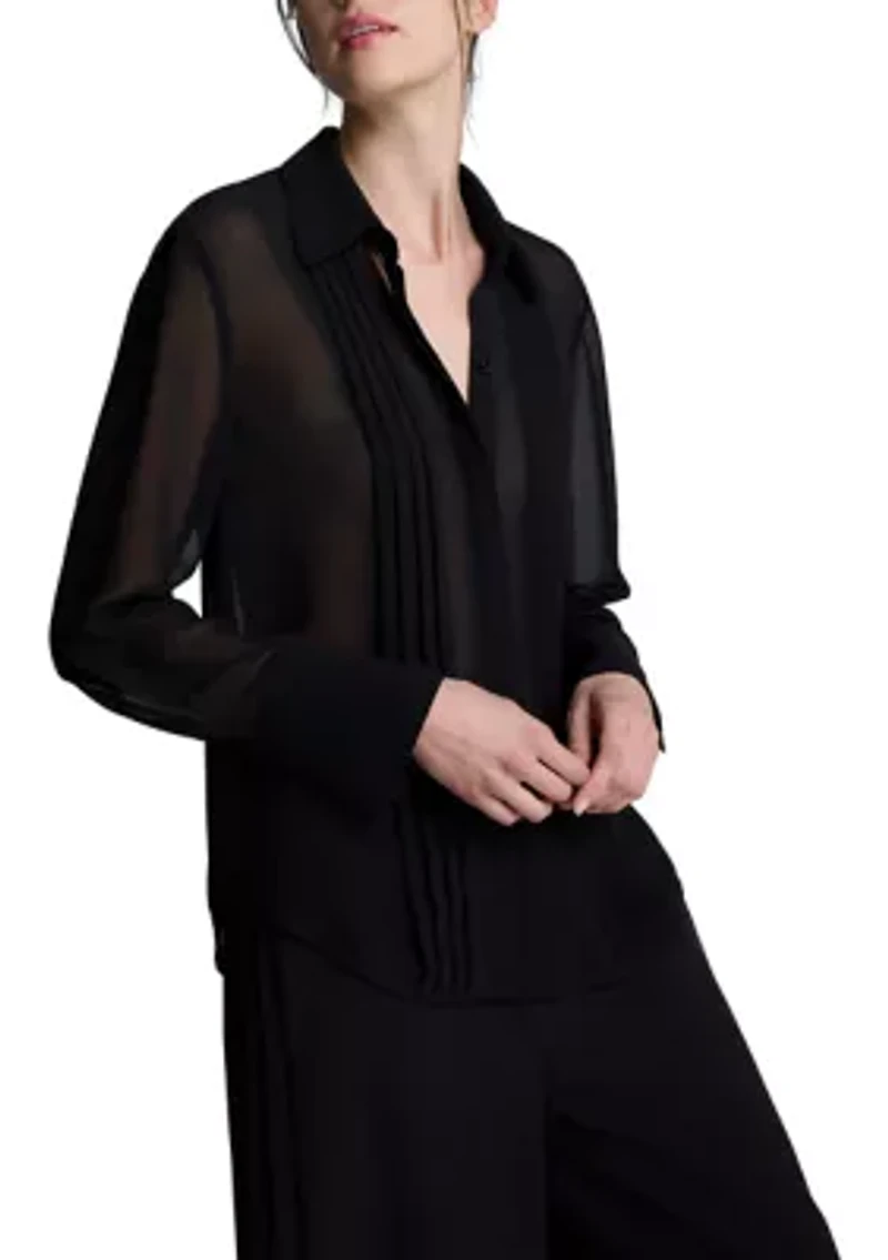 Women's Long Sleeve Pleat Front Blouse