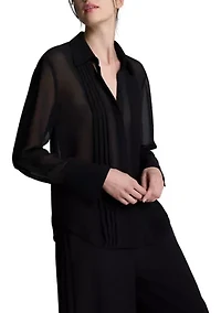 Women's Long Sleeve Pleat Front Blouse