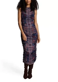 Women's Sleeveless Printed Ruched Mesh Dress