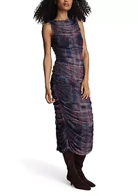 Women's Sleeveless Printed Ruched Mesh Dress