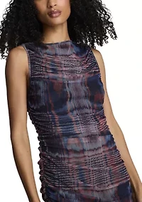 Women's Sleeveless Printed Ruched Mesh Dress