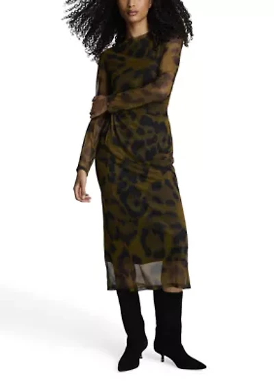 Women's Long Sleeve Animal Printed Mesh Midi Dress