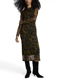 Women's Long Sleeve Animal Printed Mesh Midi Dress