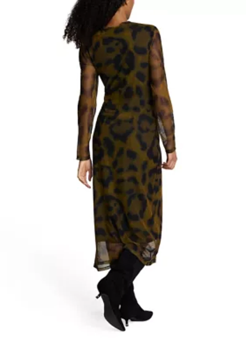 Women's Long Sleeve Animal Printed Mesh Midi Dress