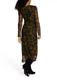 Women's Long Sleeve Animal Printed Mesh Midi Dress