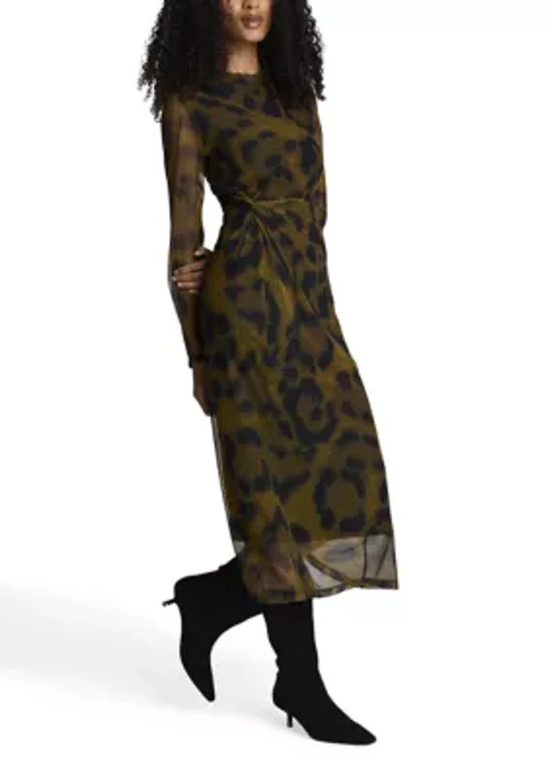 Women's Long Sleeve Animal Printed Mesh Midi Dress
