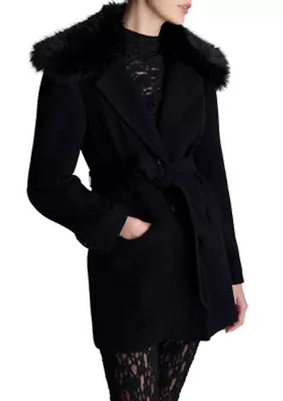Women's Belted Jacket with Fur Collar