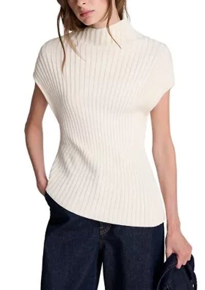 Women's Short Sleeve Asymmetrical Ribbed Hem Sweater