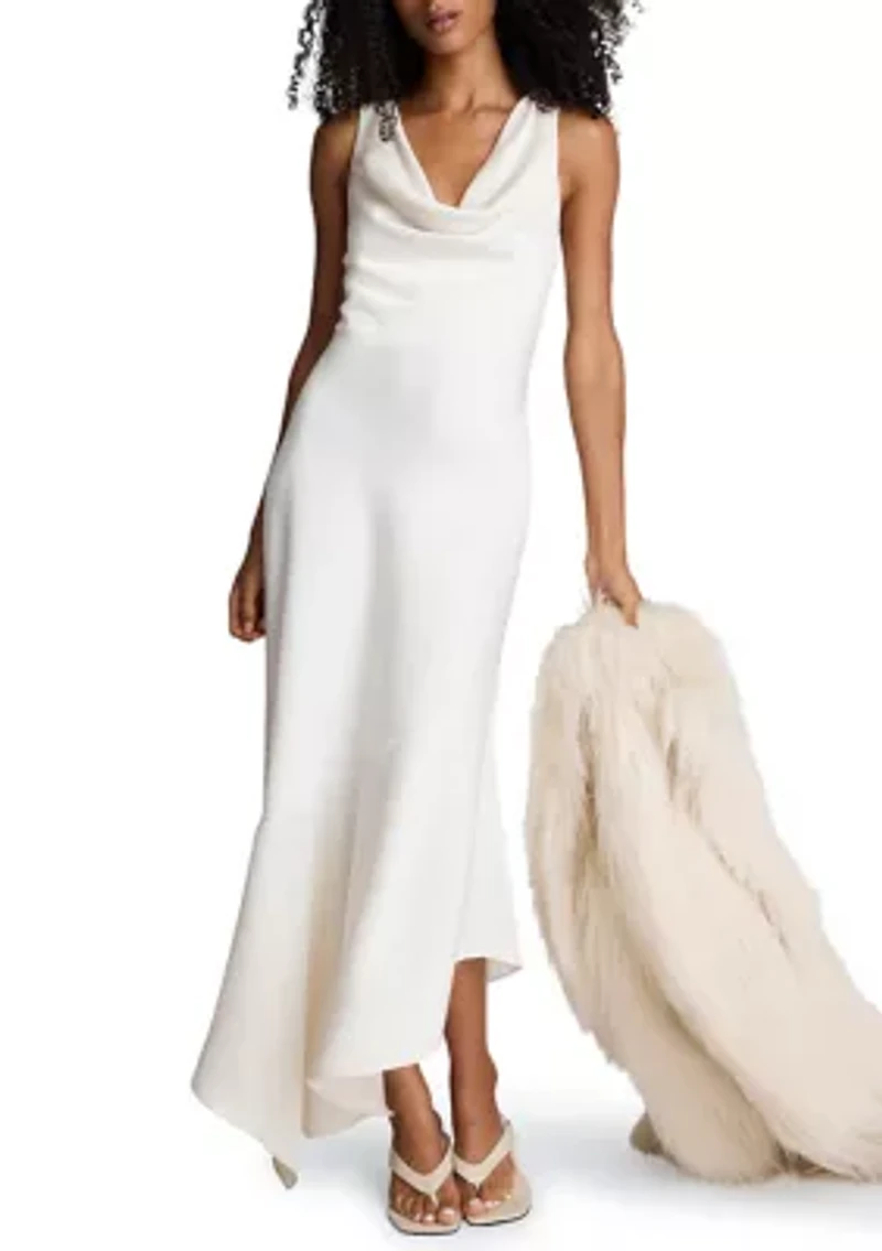 Women's Asymmetrical Cowl Neck Satin Midi Dress