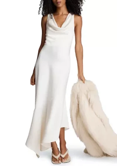 Women's Asymmetrical Cowl Neck Satin Midi Dress