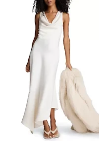 Women's Asymmetrical Cowl Neck Satin Midi Dress