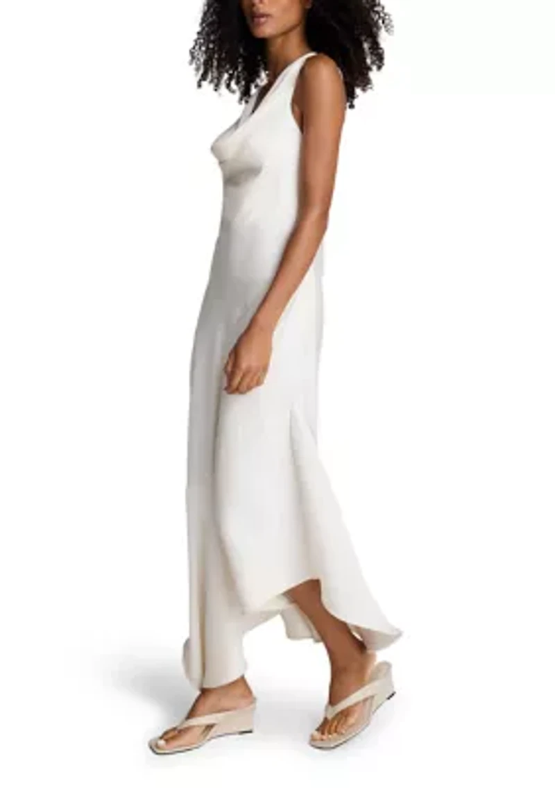 Women's Asymmetrical Cowl Neck Satin Midi Dress
