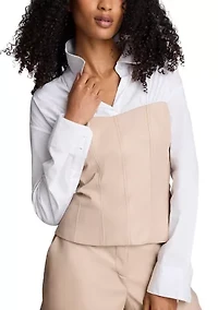 Women's Y Neck Long Sleeve Shirt with Leather Bustier