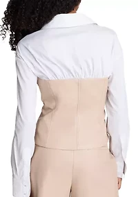 Women's Y Neck Long Sleeve Shirt with Leather Bustier