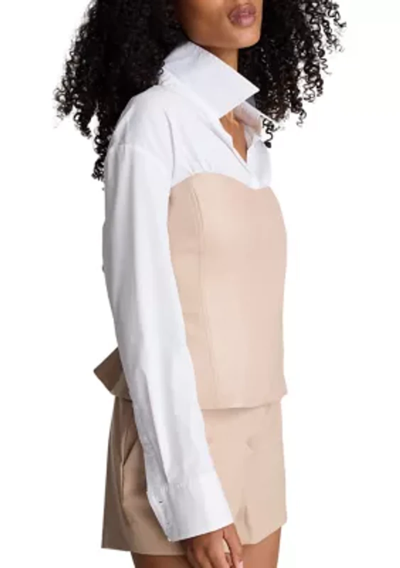 Women's Y Neck Long Sleeve Shirt with Leather Bustier