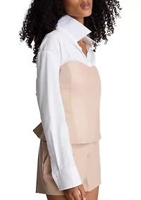 Women's Y Neck Long Sleeve Shirt with Leather Bustier