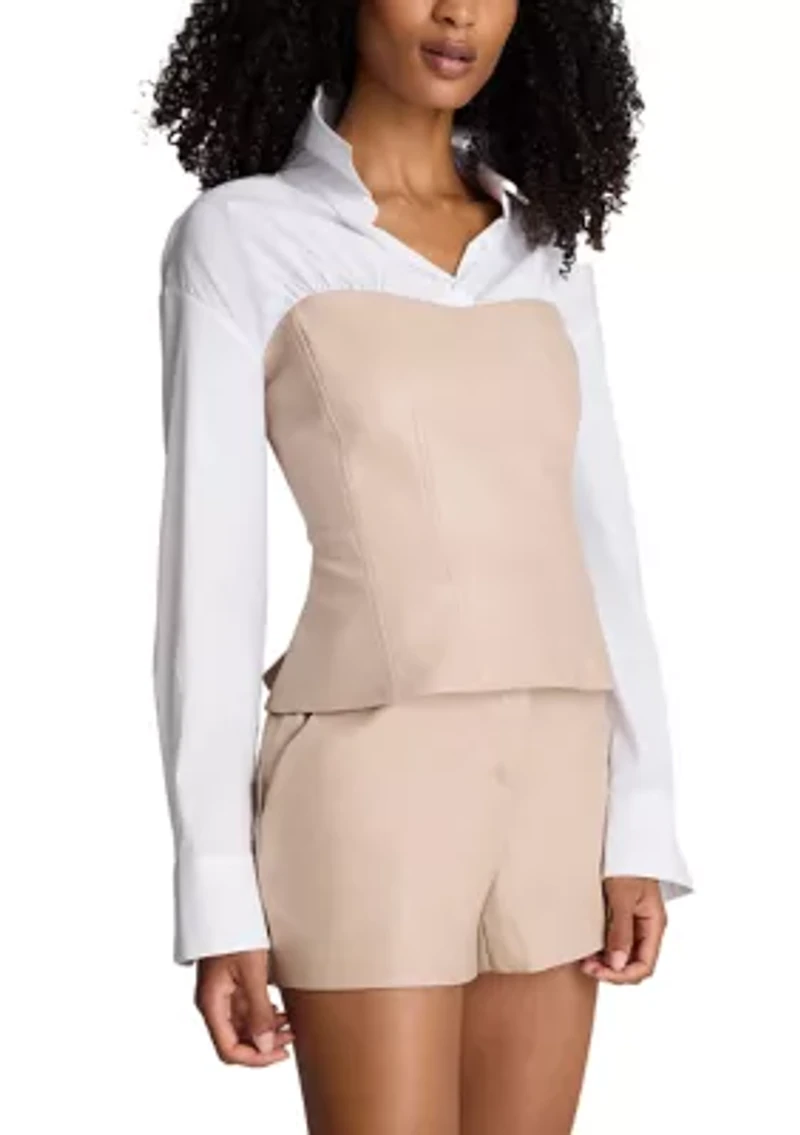 Women's Y Neck Long Sleeve Shirt with Leather Bustier