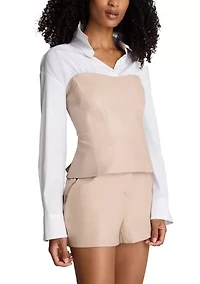 Women's Y Neck Long Sleeve Shirt with Leather Bustier