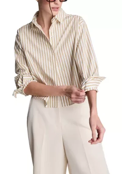 Women's Cropped Button Front Striped Shirt