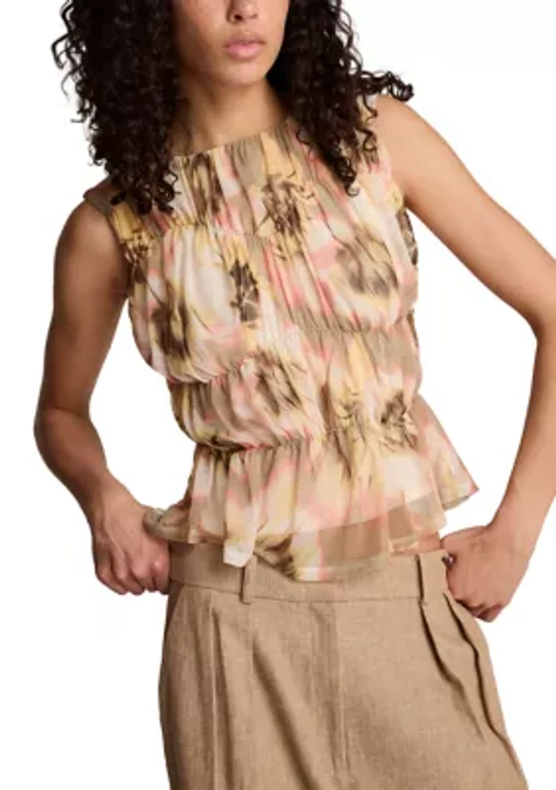 Women's Sleeveless Ruched Floral Mesh Top
