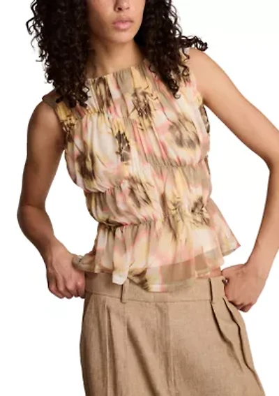 Women's Sleeveless Ruched Floral Mesh Top
