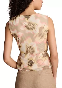Women's Sleeveless Ruched Floral Mesh Top