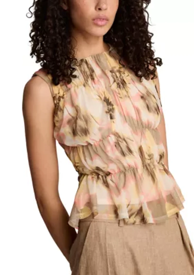 Women's Sleeveless Ruched Floral Mesh Top