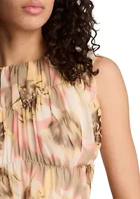 Women's Sleeveless Ruched Floral Mesh Top