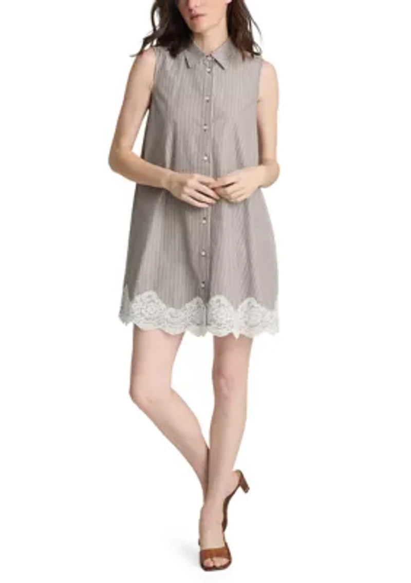 Women's Sleeveless Lace Trim Striped Shirtdress
