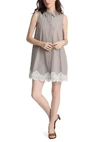 Women's Sleeveless Lace Trim Striped Shirtdress