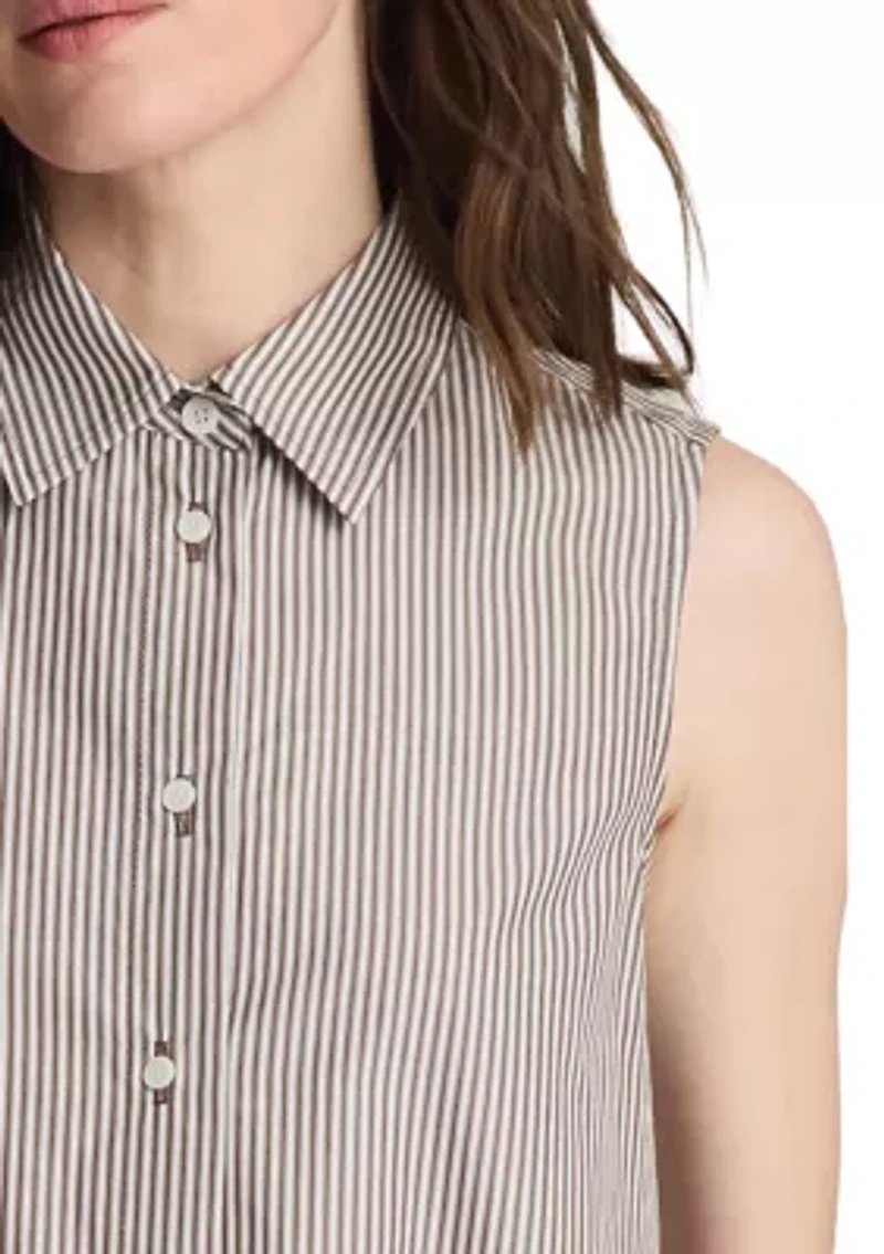 Women's Sleeveless Lace Trim Striped Shirtdress