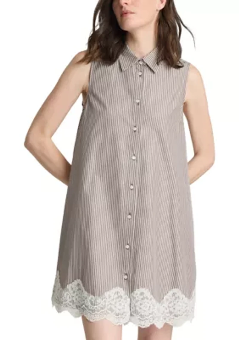 Women's Sleeveless Lace Trim Striped Shirtdress