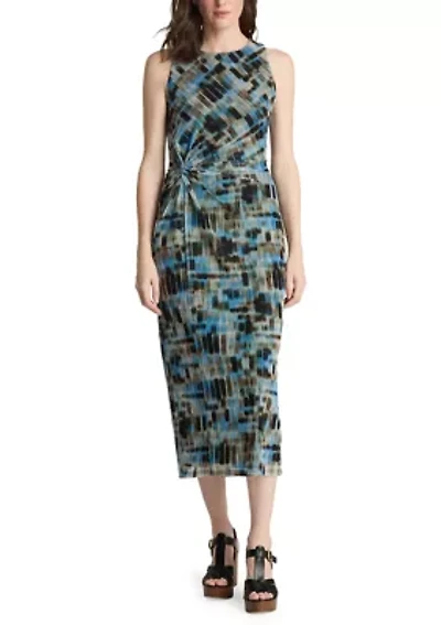 Sleeveless Grid Printed Suede Ruch Mesh Dress