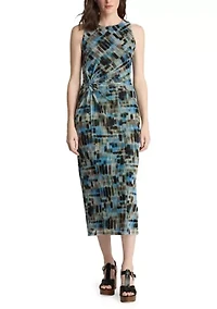 Sleeveless Grid Printed Suede Ruch Mesh Dress